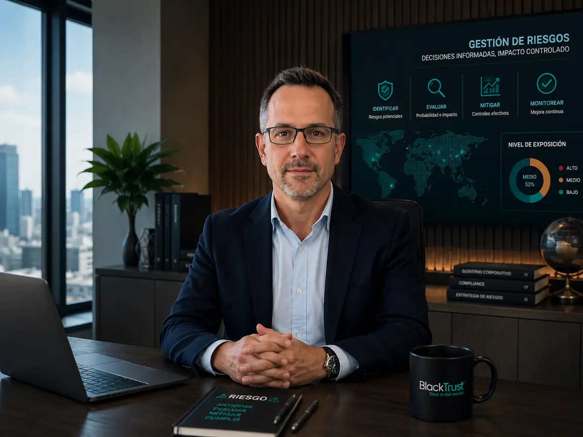 Ejecutivo de gestión de riesgos en oficina con dashboard de BlackTrust